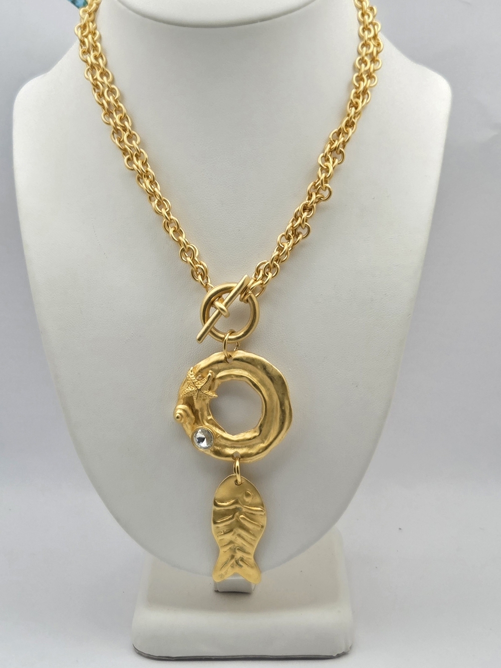 Norma Jean Gold Tone Beach Nautical Fish Starfish Toggle Pendant Necklace 30"